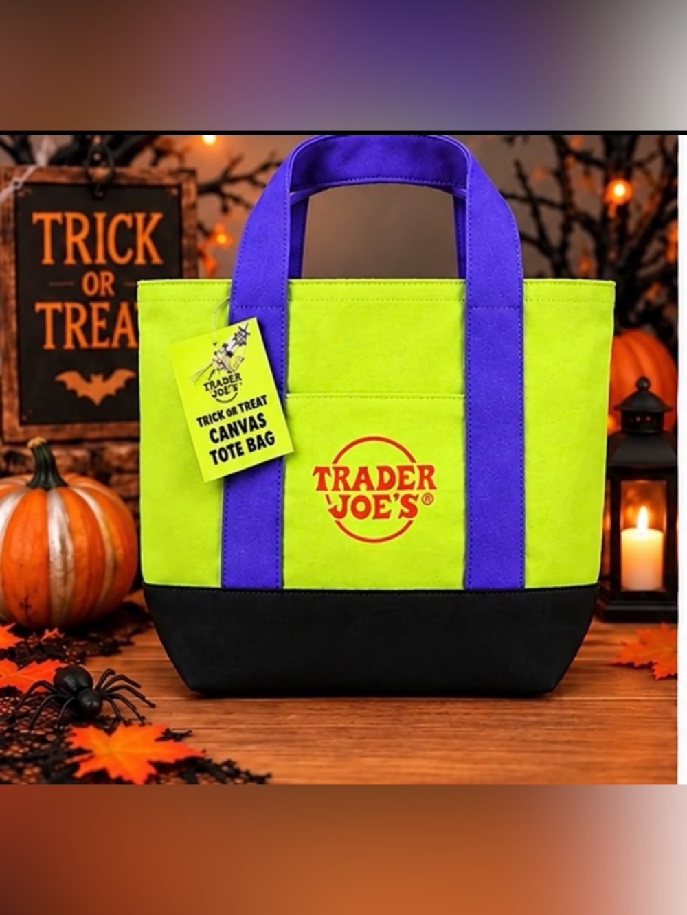 Trader Joe's Halloween 2026 Mini Canvas Tote Neon Green & Purple NWT
